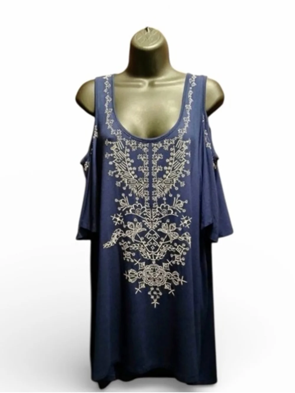 Roaman's Women's Blue Embroidered Cold Shoulder Top 18/20 L JC469